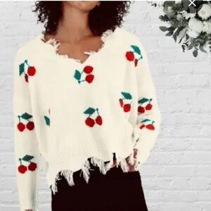 Polly & Esther Cherry Fringe Sweater - Cream